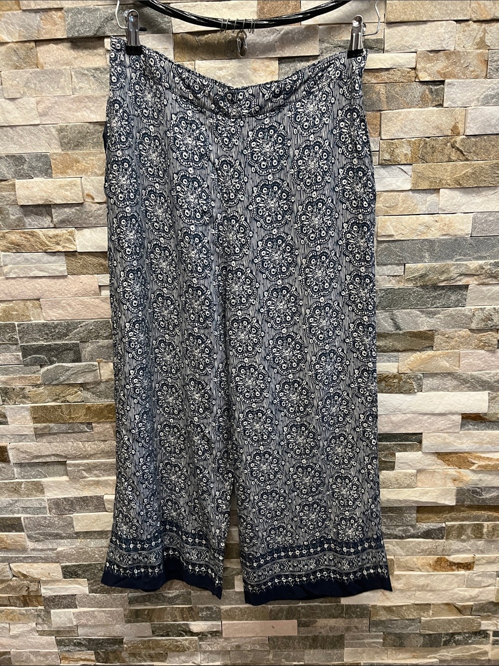 Coldwater Creek Navy and White Wide-Leg Patterned Pants